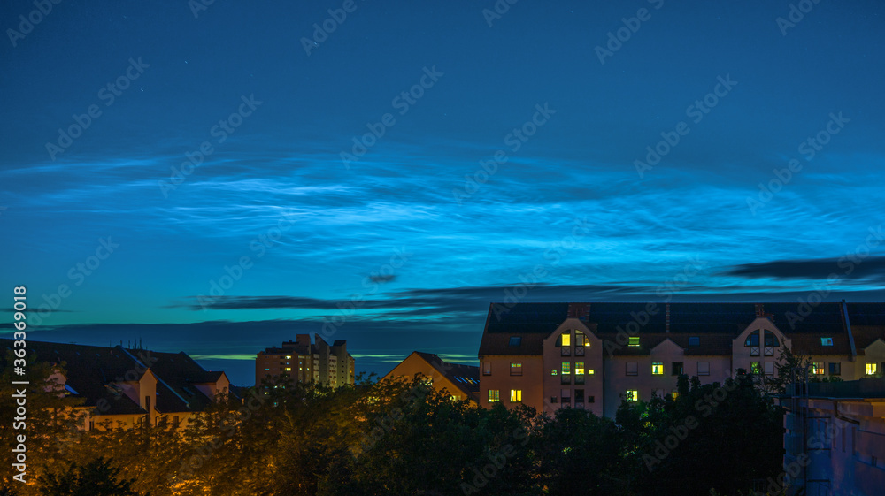 Noctilucent clouds above the city Mannheim in Germany, photographed on July 7, 2020.