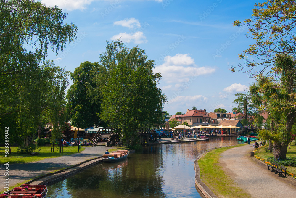 Panorama of the city Lübbenau/ Spreewald, Germany on a sunny day. View of the canal and the boat.