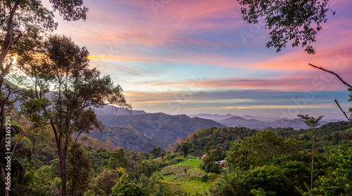 Sunrise over the mountains. Sri Lanka landscapes nature background. Ella  Sri Lanka. Mountain landscape in the morning with cloudy sky