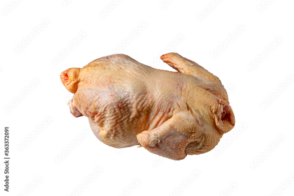 Raw butchered chicken for frying on a white background. Isolated.