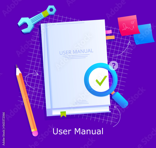 User manual for paper booklet. Vector illustration banner. Guide book top view, near a magnifying glass with a question mark.