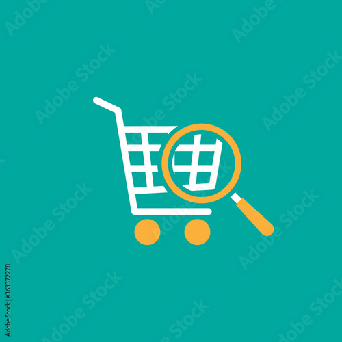 shopping cart with magnifier glass. products searching icon. Glass searching for shoping.