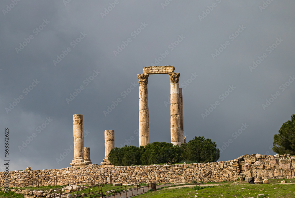 Temple of Hercules in Amman Citadel with dramatic sky