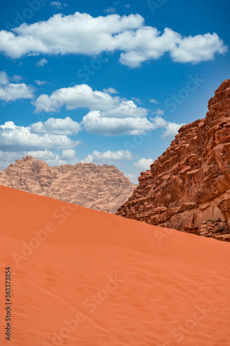 Deserted landscape of Wadi Rum in Jordan 