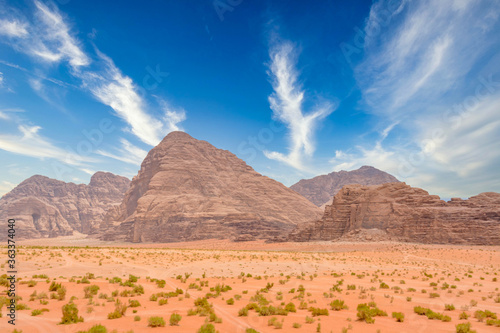 Deserted landscape of Wadi Rum in Jordan 