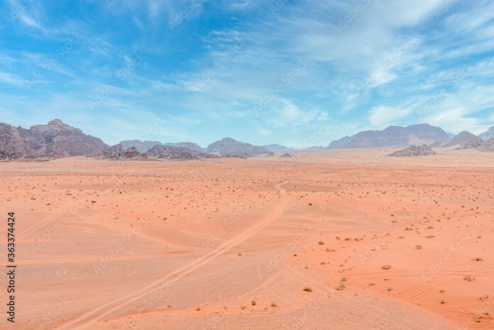 Deserted landscape of Wadi Rum in Jordan
