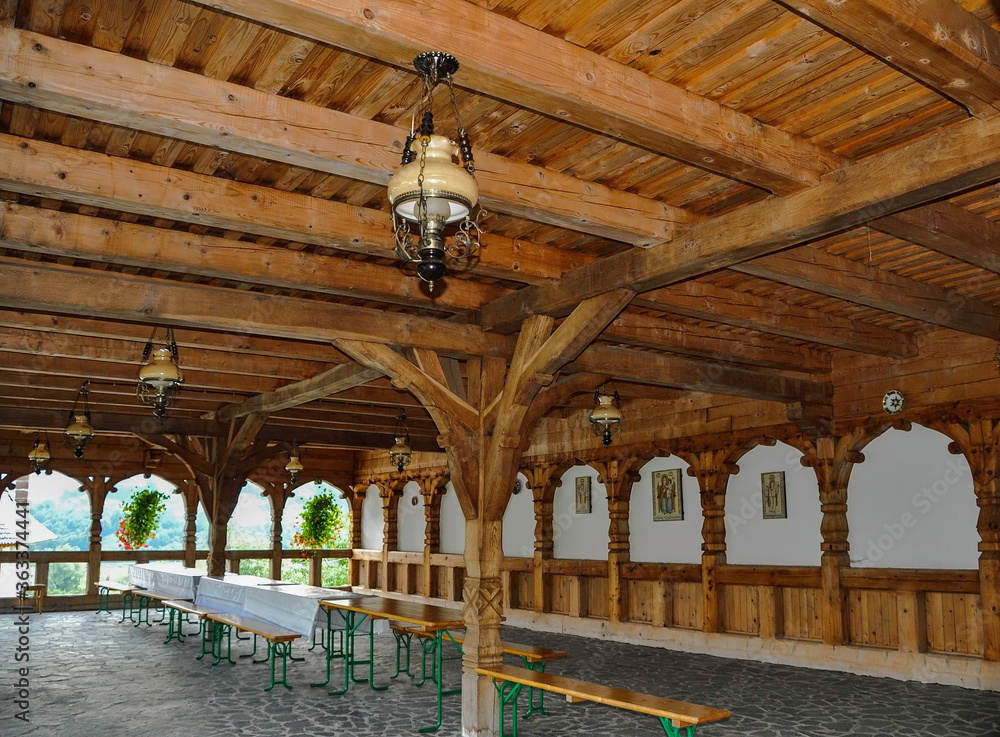 Barsana Monastery, Maramures, Romania, Europe, Summer 2018. Interior of the large wooden building of the Barsana Orthodox Monastery. It is one of the main points of interest in the Maramures area.
