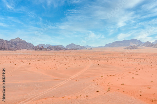 Deserted landscape of Wadi Rum in Jordan 