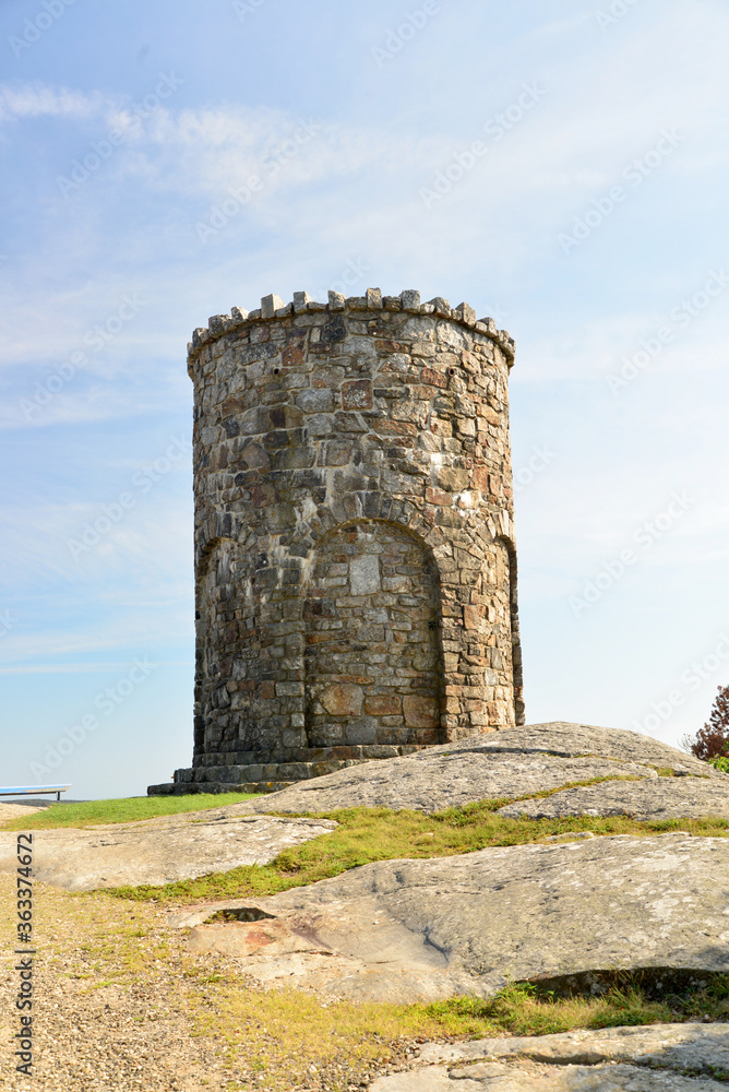 A tower at the top of Mt Battie. The structure was  part of the defenses for Camden