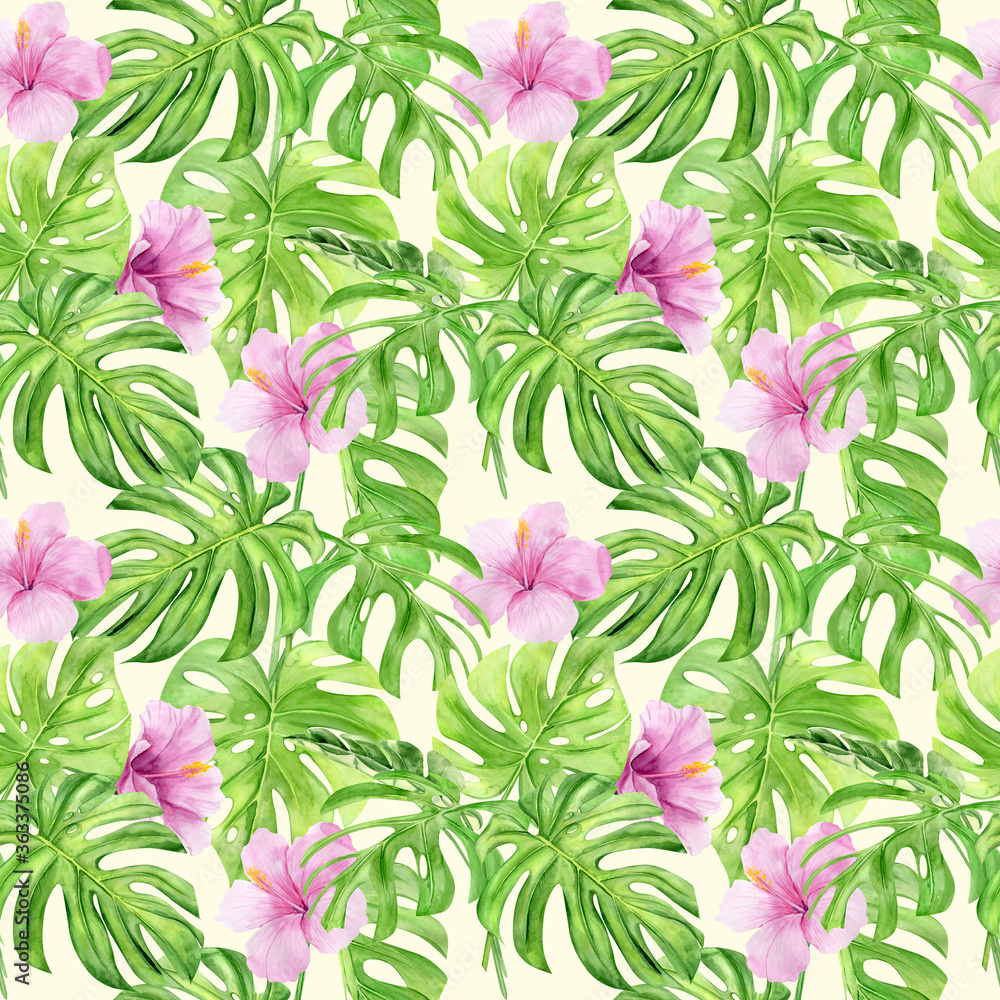 Watercolor illustration seamless pattern of tropical leaves and flower hibiscus. Perfect as background texture, wrapping paper, textile or wallpaper design. Hand drawn