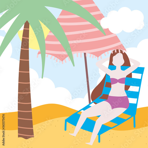 summer people activities, girl resting on deck chair with umbrella, seashore relaxing and performing leisure outdoor