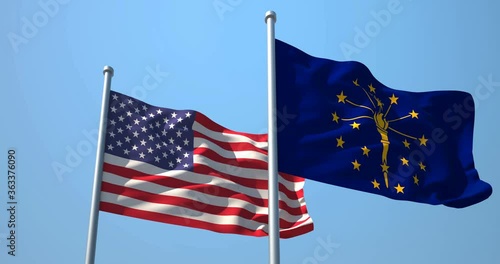 Indiana flag and the USA on a flagpole realistic wave on wind not synchronously, solid background. The State of Indiana in The United States of America. Indianapolis.