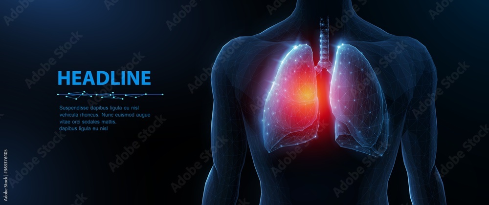 Lung disease in human body. Abstract vector 3d lungs and red spot. Human health, respiratory system, pneumonia illness, biology science, smoker asthma, healthcare concept. - obrazy, fototapety, plakaty 