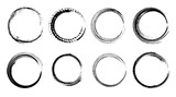 Set of isolated black grunge textured ink brush round frames. Dirty hand drawn inky line circles collection for graphic design, greeting cards and banner decoration