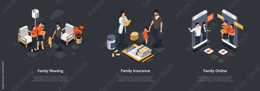 © Intpro - Concept Of Family Relationship, Insurance Protection And Online Communication. People Spend Time Hole Family, Buy Insurance, Get In Touch Online With Smartphones. Isometric 3D Vector Illustration