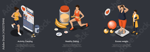 Concept Of Leading Healthy Lifestyle. Characters Monitor Of Health Performance, Eating Healthy Meal, Exercising. Men And Women Reducing Excess Weight On Scales. Isometric 3D Vector Illustrations Set