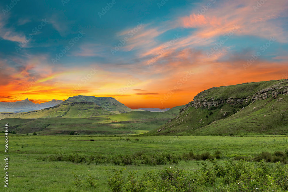 Grassland of Drakensberg with hills in mountains in Kwazulu Natal South Africa