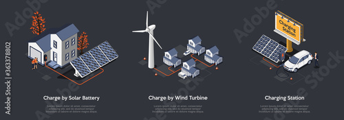 Concept Of Eco City. People Use Alternative Energy Sources. Friendly Renewable Energy Saving. Solar Panels, Windmill Turbines For Home Produce Energy And Charge Cars. Isometric 3D Vector Illustration