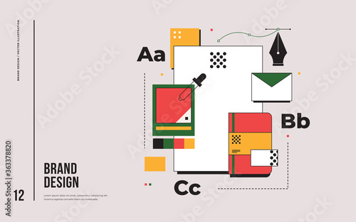 Branding design development concept. Elements of corporate style. Notepad, blank, envelope. Trendy vector flat illustration.