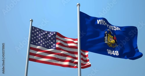 Wisconsin flag and the USA on a flagpole realistic wave on wind not synchronously, solid background. The State of Wisconsin in The United States of America. Madison. Milwaukee.