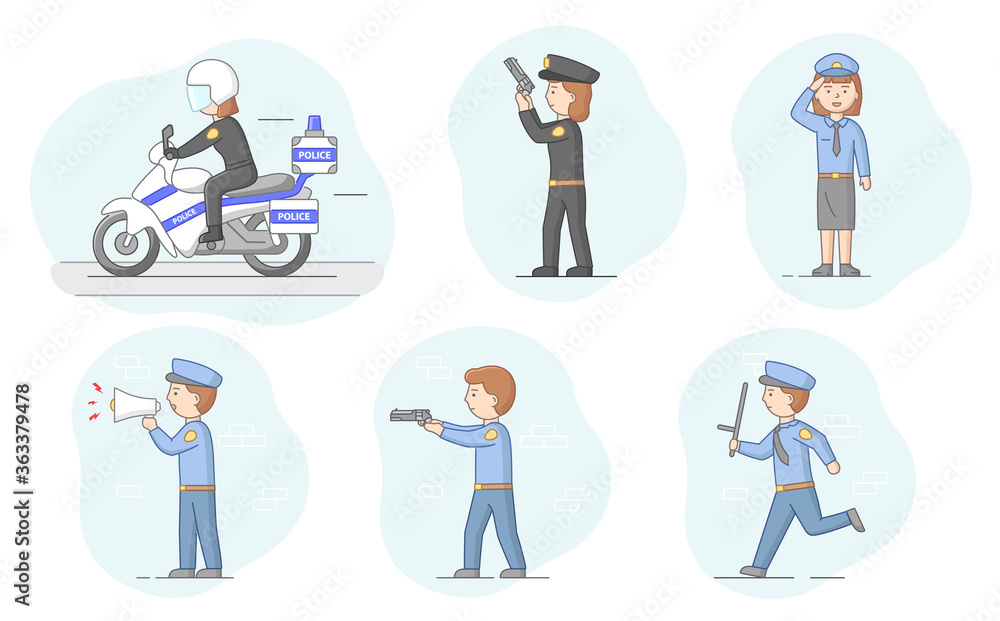 Concept Of Protection Of Population. Set Of Policemen And Policewomen Ready To Protect Order And Apprehending a Criminals. Police Officer On Motorbike. Cartoon Linear Outline Flat Vector Illustration Concept Of Protection Of Population. Set Of Policemen And Policewomen Ready To Protect Order And Apprehending a Criminals. Police Officer On Motorbike. Cartoon Linear Outline Flat Vector Illustration