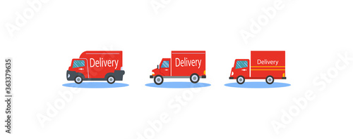 Fast delivery red truck set, vector illustration.