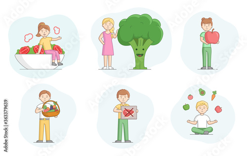 Concept Of Vegetarianism. Set Of Scenes With People Eating Healthy Food. Characters Eat Fruits And Vegetables. People Against Animal Products Eating. Cartoon Linear Outline Flat Vector Illustration