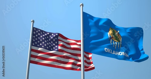 Oklahoma flag and the USA on a flagpole realistic wave on wind not synchronously, solid background. State of Oklahoma in The United States of America. Oklahoma City.