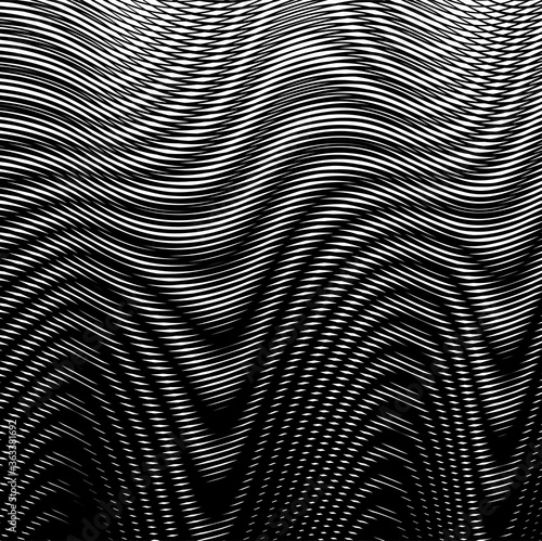 Monochrome background with fluidly of moire effect wavy black and white lines. Can be used as vector creative design of books, websites, business card, accessories for phones and tablet, title page.
