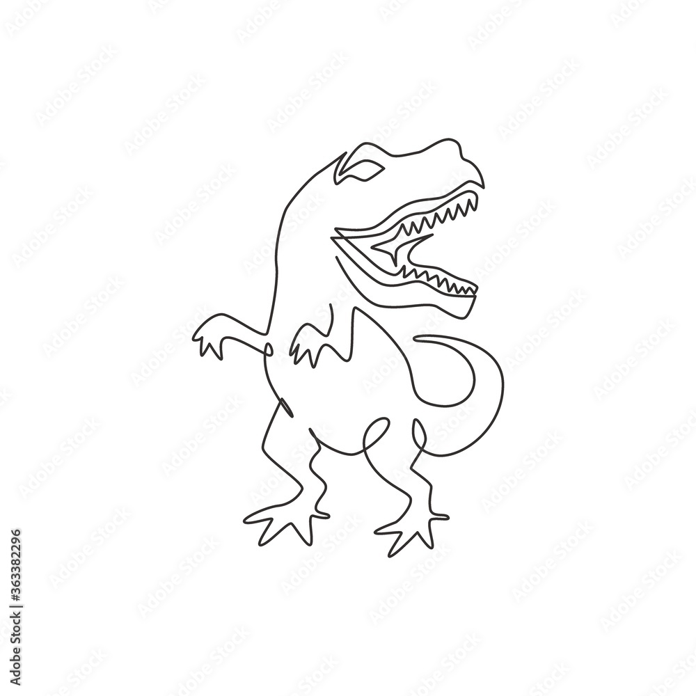 One single line drawing of wild and aggressive t-rex for logo identity. Dino animal mascot concept for prehistoric theme park icon. Trendy continuous line draw graphic design vector illustration One single line drawing of wild and aggressive t-rex for logo identity. Dino animal mascot concept for prehistoric theme park icon. Trendy continuous line draw graphic design vector illustration
