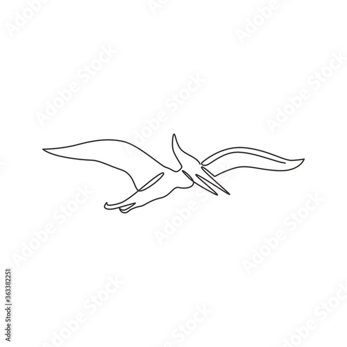 One single line drawing of flying pterodactyl for logo identity. Dino animal mascot concept for prehistoric theme park icon. Modern continuous line graphic draw design vector illustration