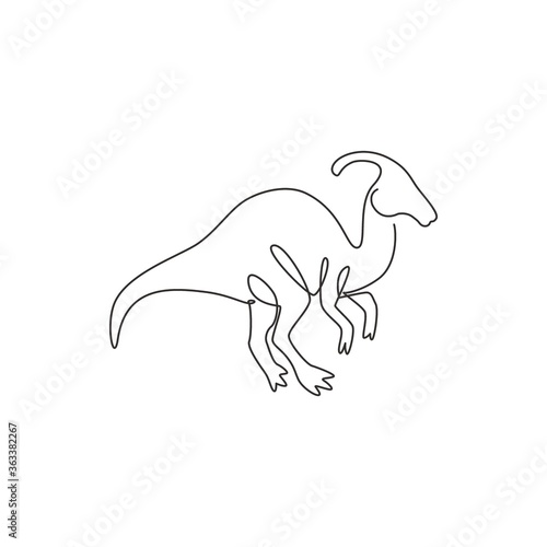 Single continuous line drawing of agile parasaurolophus for logo identity. Prehistoric animal mascot concept for dinosaurs theme amusement park icon. One line draw graphic design vector illustration