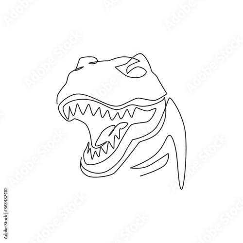 Single continuous line drawing of tyrannosaurus rex head for logo identity. Prehistoric animal mascot concept for dinosaurs theme amusement park icon. One line draw graphic design vector illustration