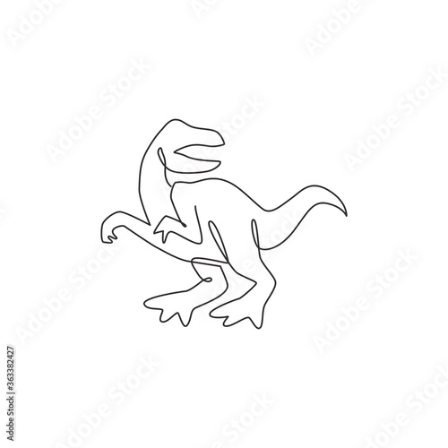 Single continuous line drawing of aggressive velociraptor for logo identity. Prehistoric animal mascot concept for dinosaurs theme amusement park icon. One line draw graphic design vector illustration