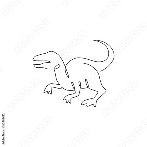 One continuous line drawing of aggressive predator velociraptor animal for logo identity. Raptor rex mascot concept for prehistoric museum icon. Single line draw design vector graphic illustration