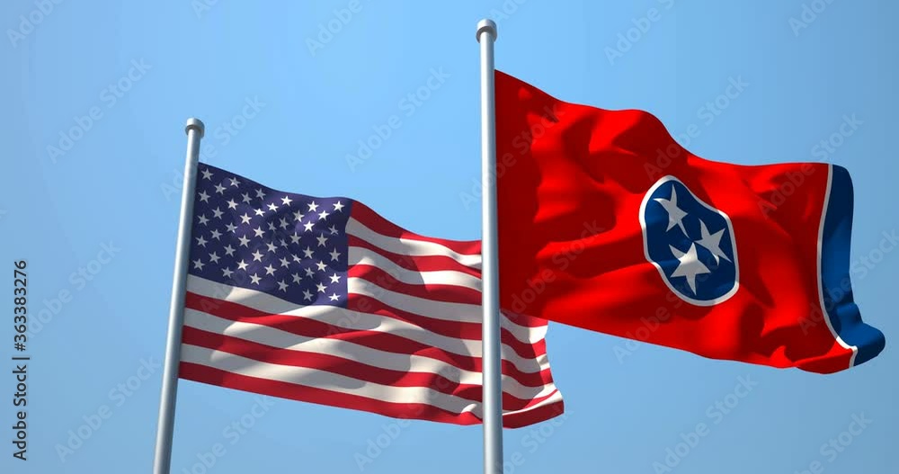 Tennessee flag and the USA on a flagpole realistic wave on wind not synchronously, solid background. State of Tennessee in The United States of America. Nashville.