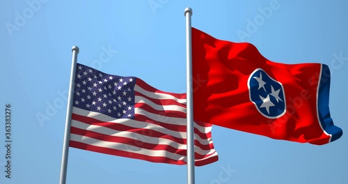 Tennessee flag and the USA on a flagpole realistic wave on wind not synchronously, solid background. State of Tennessee in The United States of America. Nashville.
