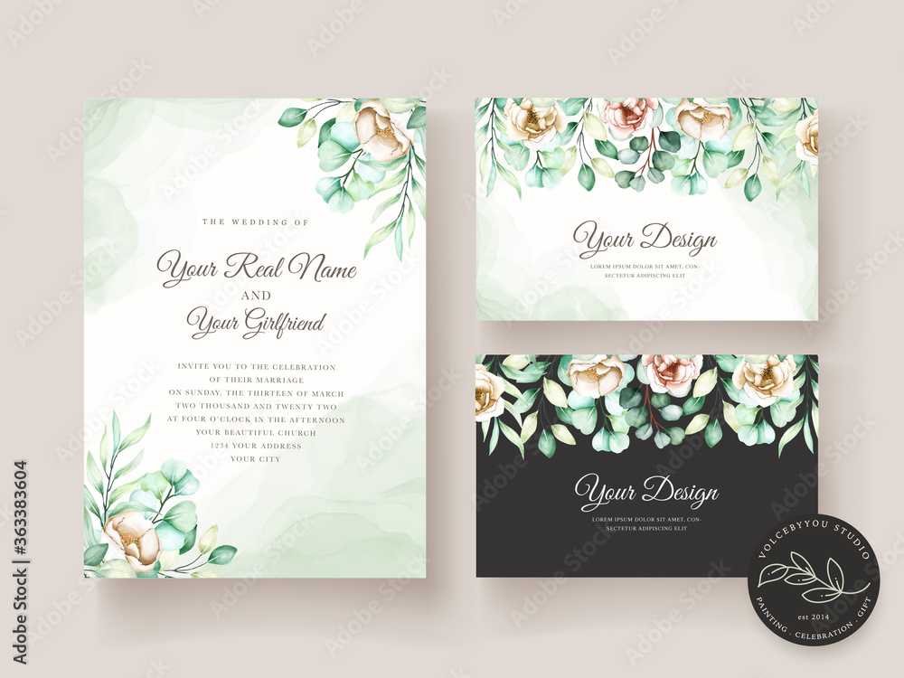 watercolor eucalyptus invitation card set
