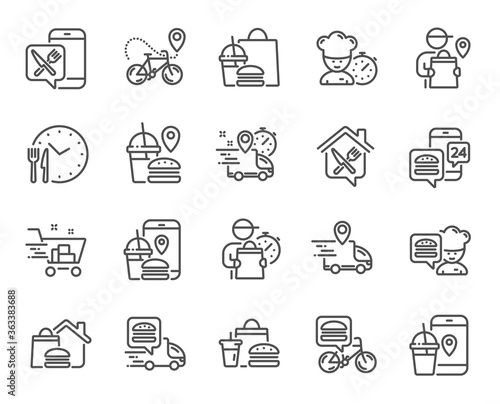 Food delivery line icons. Courier, Deliveryman, Grocery retail. Delivery truck, meal bag, home food order icons. Cart deliver, contactless service, courier location. Fast food package. Vector