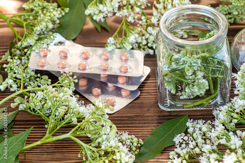 Fresh Valeriana officinalis flowers in transparent jar. Valerian tablets among white flowers are on table. Used as an alternative to valium in natural medicine photo