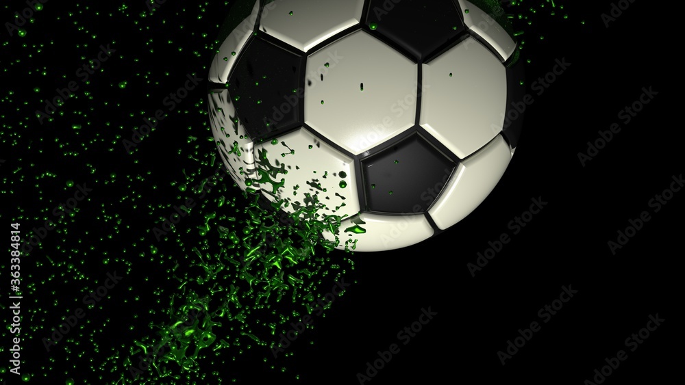 Obraz premium Soccer ball with Green Rotating Particles under spot light Background. 3D sketch design and illustration. 3D high quality rendering.