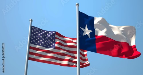 Texas flag and the USA on a flagpole realistic wave on wind not synchronously, solid background. State of Texas in The United States of America. Austin. Houston.