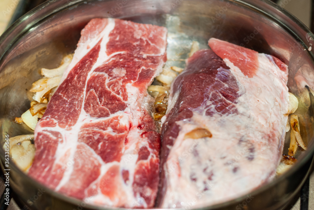 Beef steaks cooked to the pan with onions, Andean potatoes, fine herbs and spices. Beef steaks cooked to the pan with onions, Andean potatoes, fine herbs and spices.