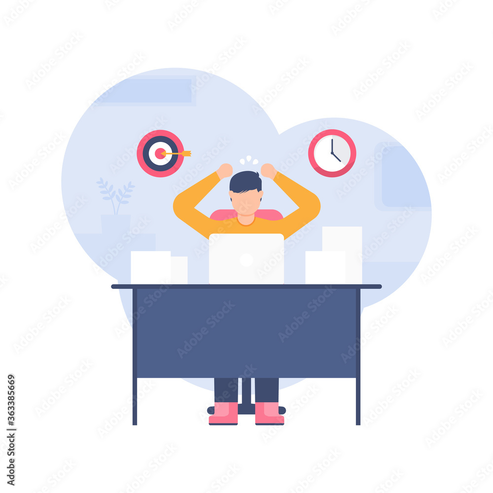 the concept of work overtime, chasing targets and deadlines, hard work. illustration of an employee who is dizzy because the work is still a lot of piling up. flat design. can be used for elements