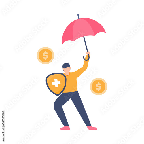 concept of life and health insurance, health protection, health benefits. A man holds a shield and umbrella. flat design. can be used for elements, landing pages, UI.