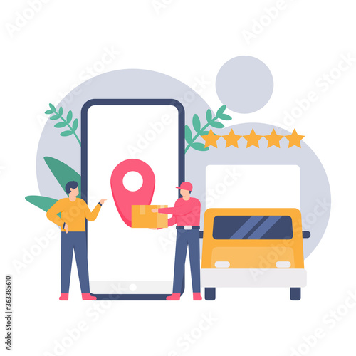 concept of delivery of goods or packages, location tracking or GPS, delivery services. A courier ties the package to the customer. flat design. can be used for elements, landing pages, UI. © Papcut design 