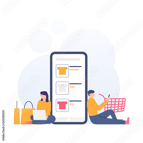 the concept of online stores, e-commerce, ordering and payment. illustration of people using laptops and smartphones for online shopping. flat design. can be used for elements, landing pages, UI.