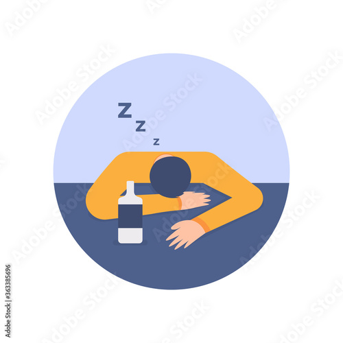 illustration of person falling asleep because of fatigue from drinking alcohol or drunkenness. Flat design, can be used for  landing page element, UI.