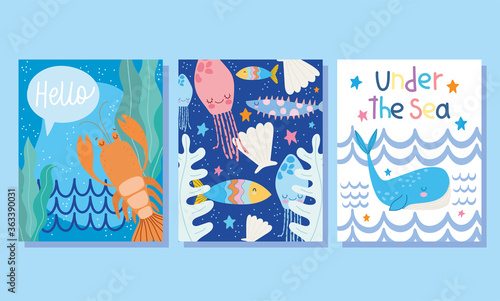under the sea, wide marine life landscape cartoon lobster whale shell banner cover and brochure
