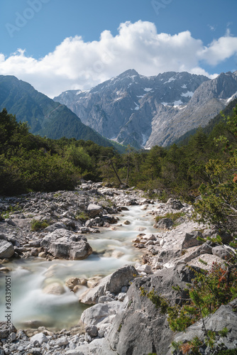 Clear fresh mountain river in the alpine landscape and rocky tops, Mieming, Tirol, Austria © Loes Kieboom